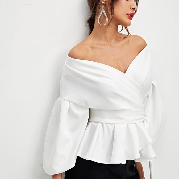 White Preppy Women Lantern Sleeve Surplice Belted Peplum Off The Shoulder Blouse - Picture 4 of 4